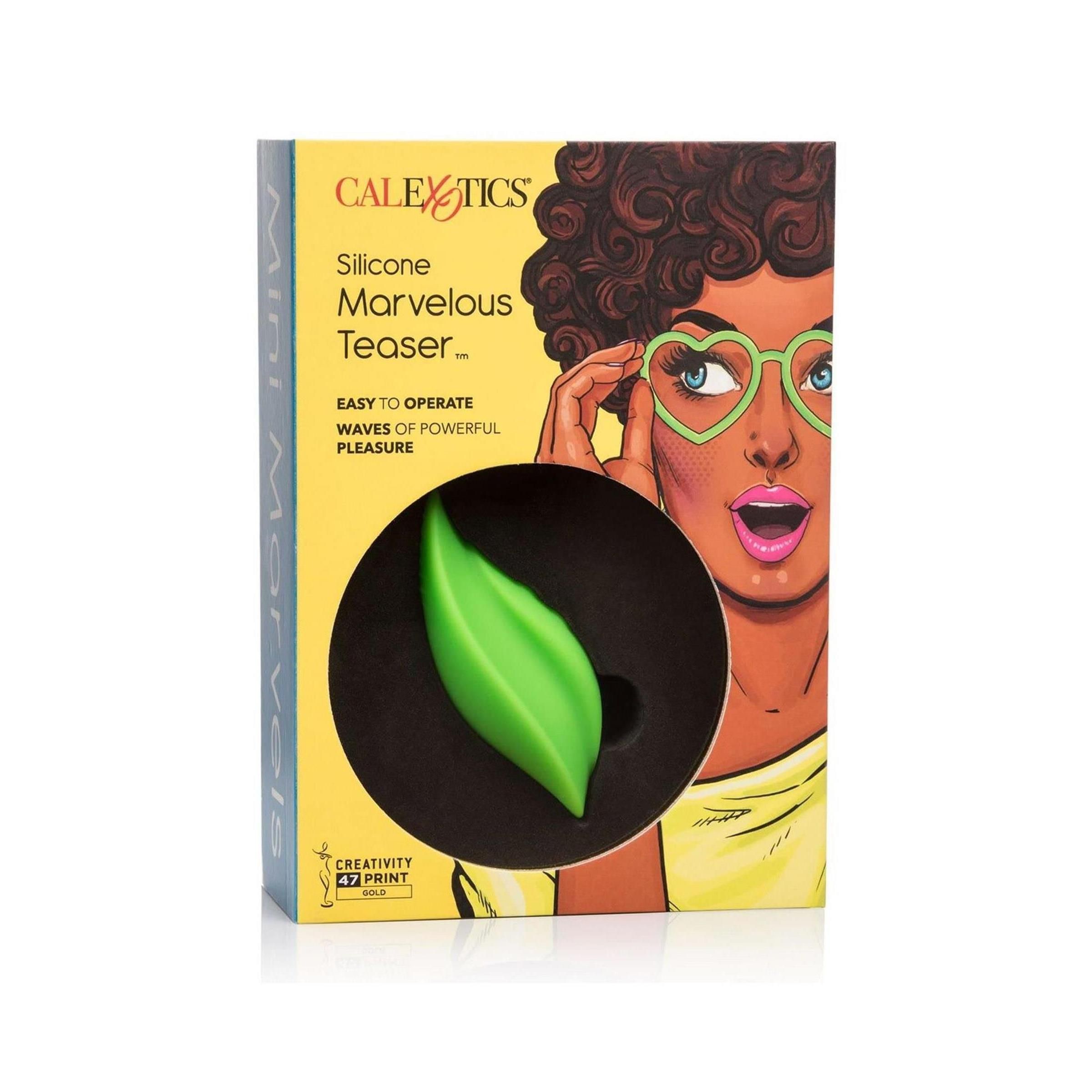 Grüner Silikon-Teaser in Verpackung. Marke CalExotics. Produktname: Silicone Marvelous Teaser. Verpackung mit Illustration einer Frau.