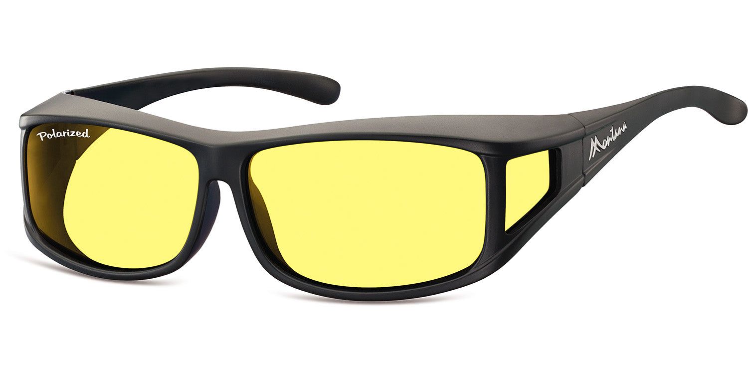 Schwarze Überbrille mit gelben Gläsern. Auf dem linken Glas steht "Polarized". Am Bügel steht "Montana".