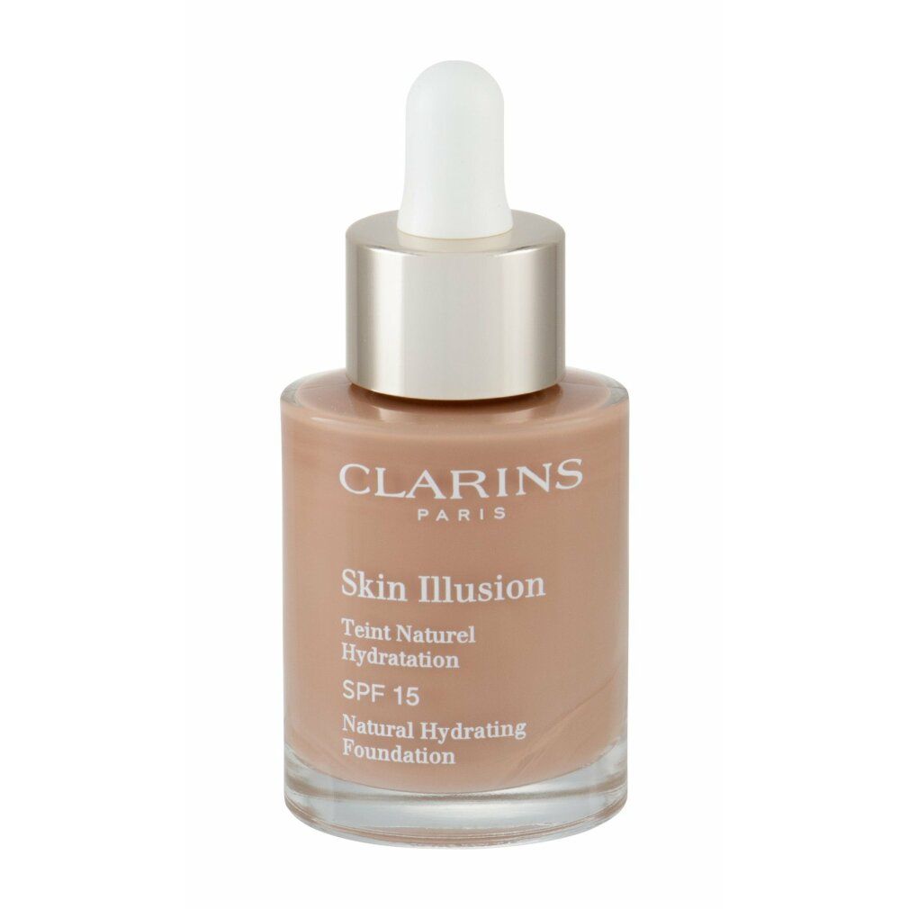 Flakon mit Flüssig-Make-up. Aufschrift: Skin Illusion, Teint Naturel Hydratation, SPF 15. Marke: Clarins.