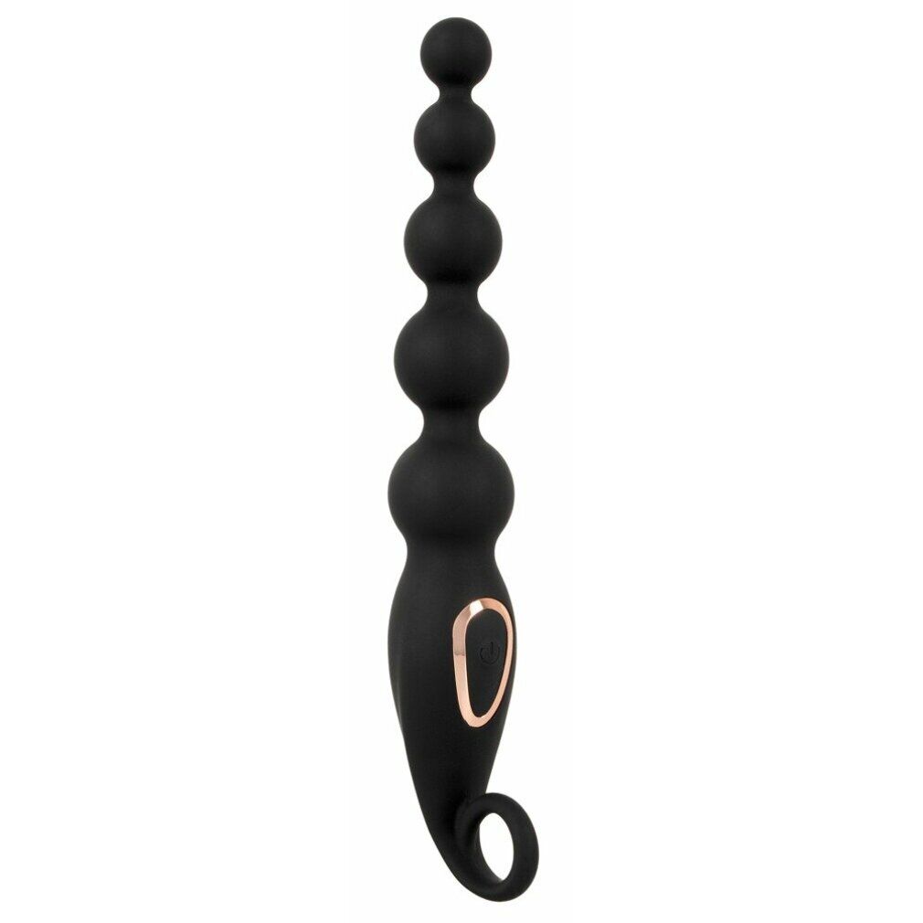 Schwarze Analperlen mit Vibration. Goldfarbener Knopf. Ring am Ende. Mehrere Kugeln.