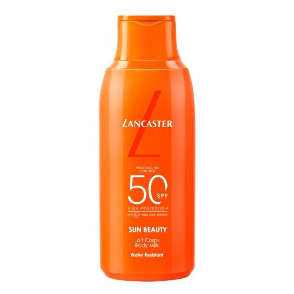 Orangefarbene Flasche Sonnenmilch. Text: Sun Beauty, SPF 50.
