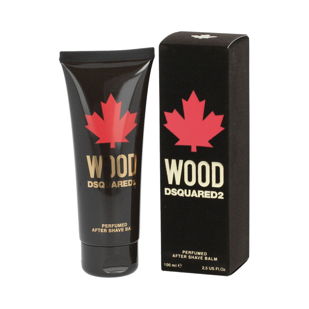 Schwarze Tube und Schachtel. Rotes Ahornblatt, goldfarbener Schriftzug WOOD DSQUARED2. Aufschrift: PERFUMED AFTER SHAVE BALM. Schachtel: 100 ml.
