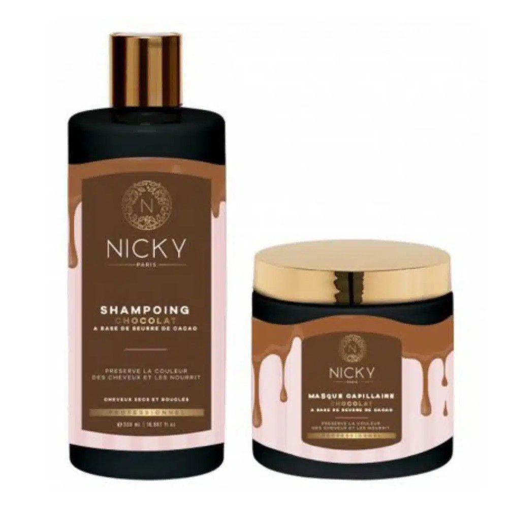 Zwei Kosmetikprodukte: Shampoo- und Haarmasken-Set. Schwarze Flaschen und Tiegel mit braunen und goldenen Details. Aufschrift: Nicky Paris.
