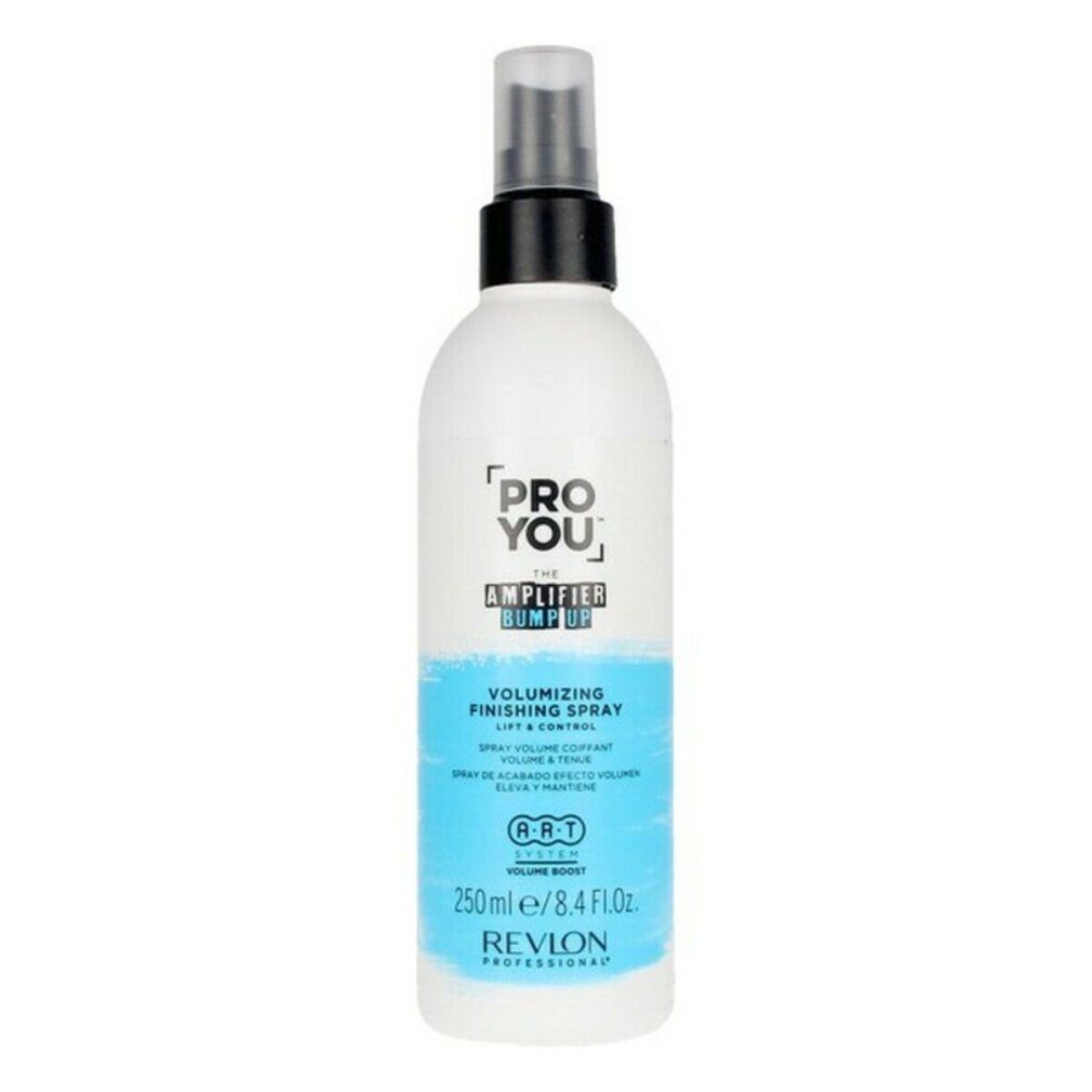 Haarspray-Flasche. Weiß, mit blauem Etikett. Text: PRO YOU, THE AMPLIFIER BUMP UP, VOLUMIZING FINISHING SPRAY, 250ml/8.4 Fl.Oz, REVLON PROFESSIONAL.