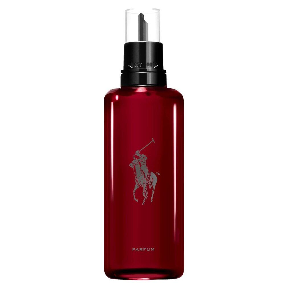 Roter Flakon mit schwarzem Sprühkopf. Logo eines Polospielers. Aufschrift: PARFUM.