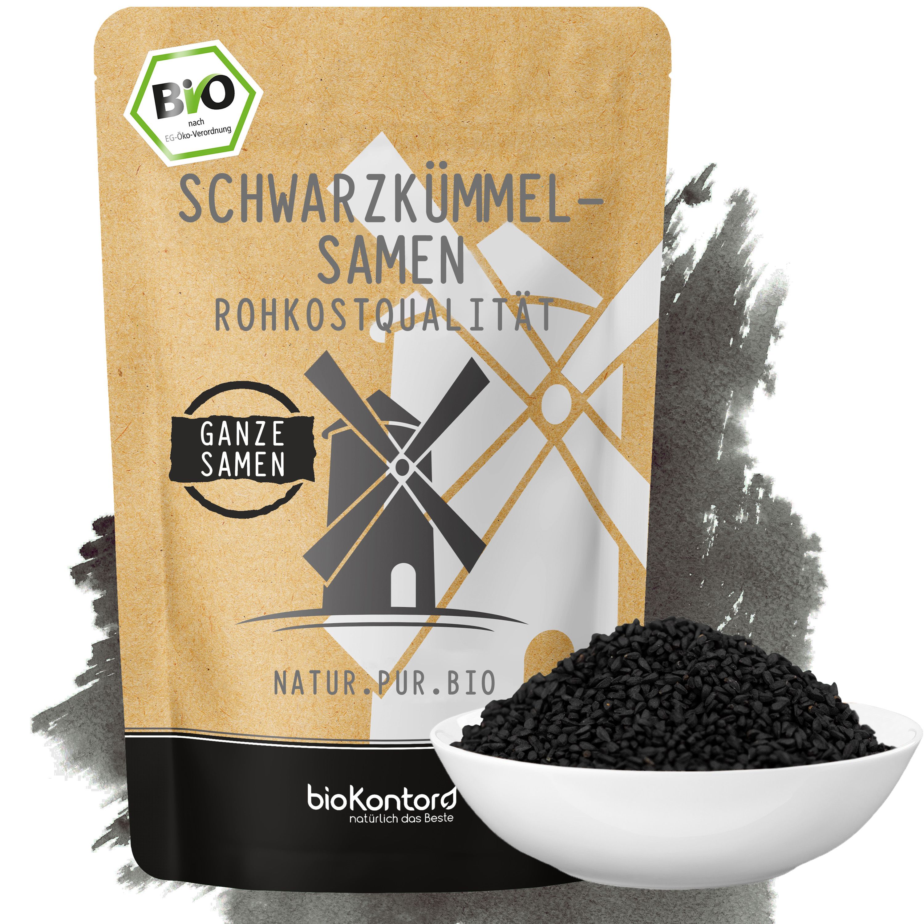Schwarzkümmelsamen-Verpackung mit Windmühlen-Symbol, Bio-Siegel und Nährwertangaben.