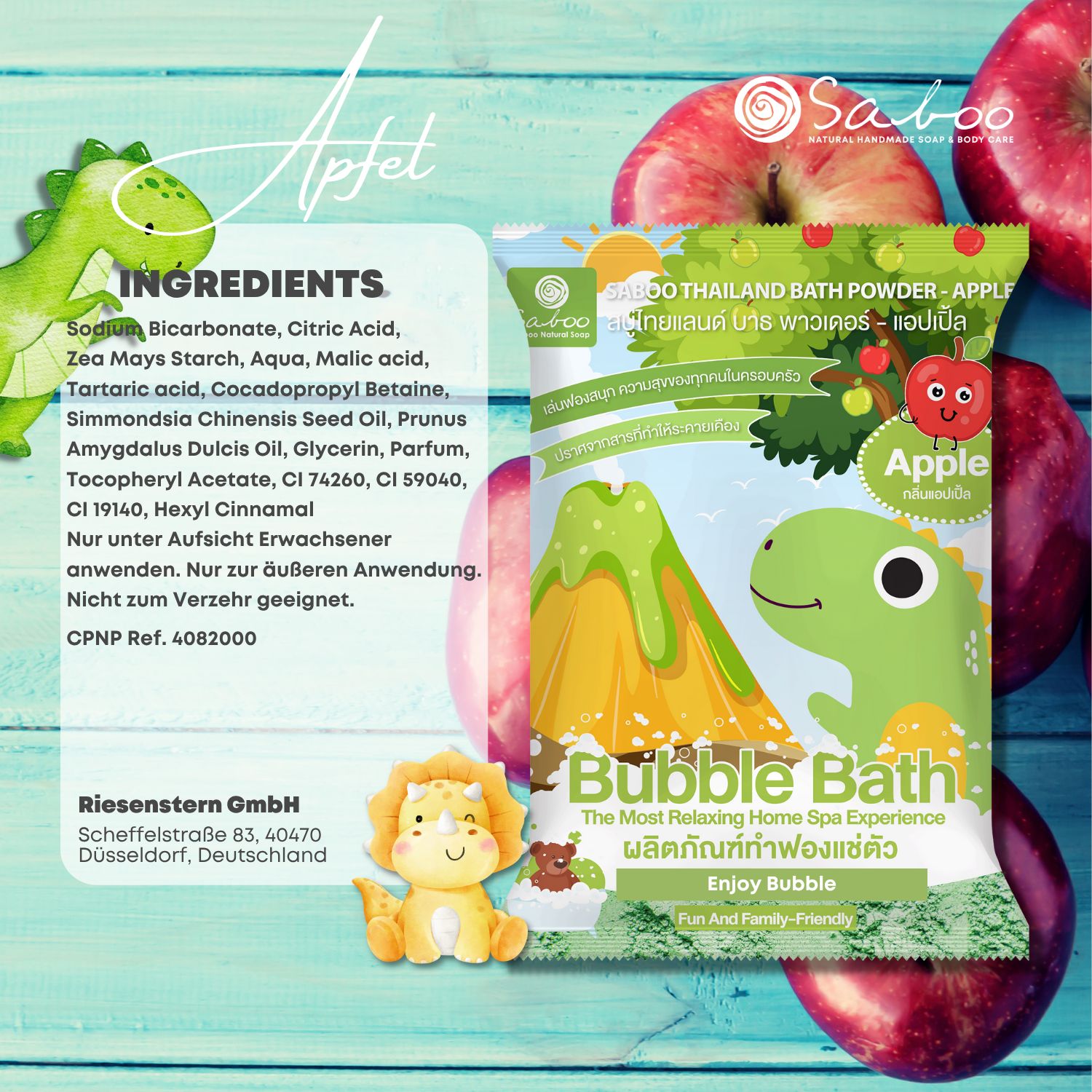 Produktverpackung mit Apfel-Badeschaumpulver. Zutatenliste und Illustrationen.