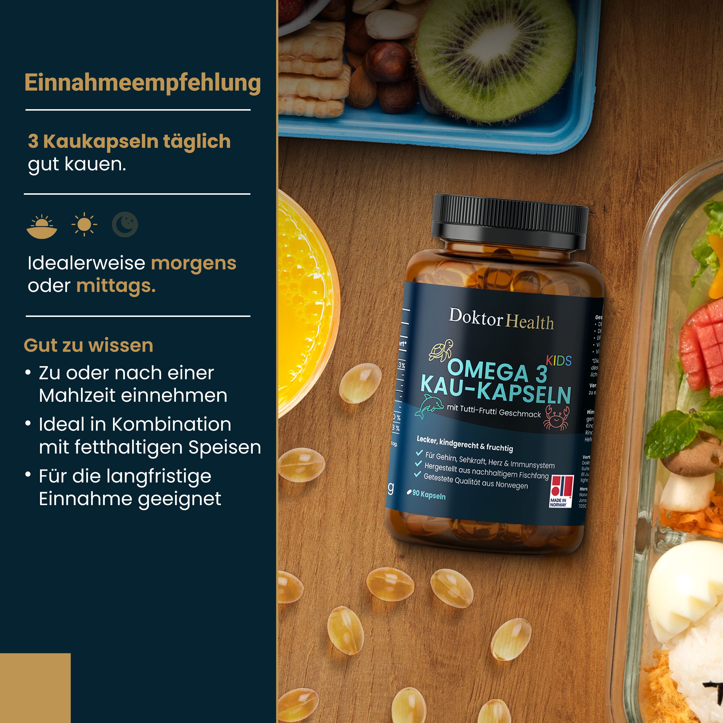 Flasche Omega 3 Kau-Kapseln neben Snacks und Obst. Text: Einnahmeempfehlung: 3 Kapseln täglich. Ideal morgens oder mittags. Nach Mahlzeit einnehmen.