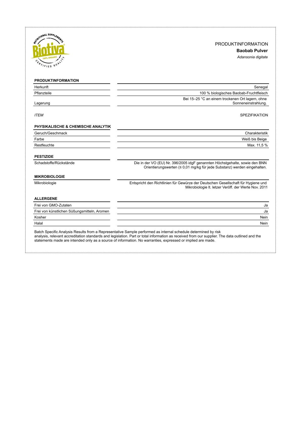 Produktinformationsblatt mit Angaben zu Biotiva Baobab Pulver. Enthält Informationen zu Inhaltsstoffen, Analyse und Zertifizierungen.