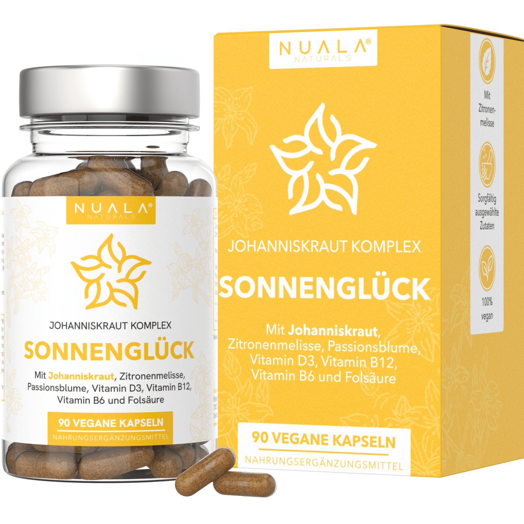 Produktverpackung mit Flasche und Karton. Auf der Flasche steht 'SONNENGLÜCK'. Enthält Johanniskraut, Zitronenmelisse, Passionsblume, Vitamin D3, B12.