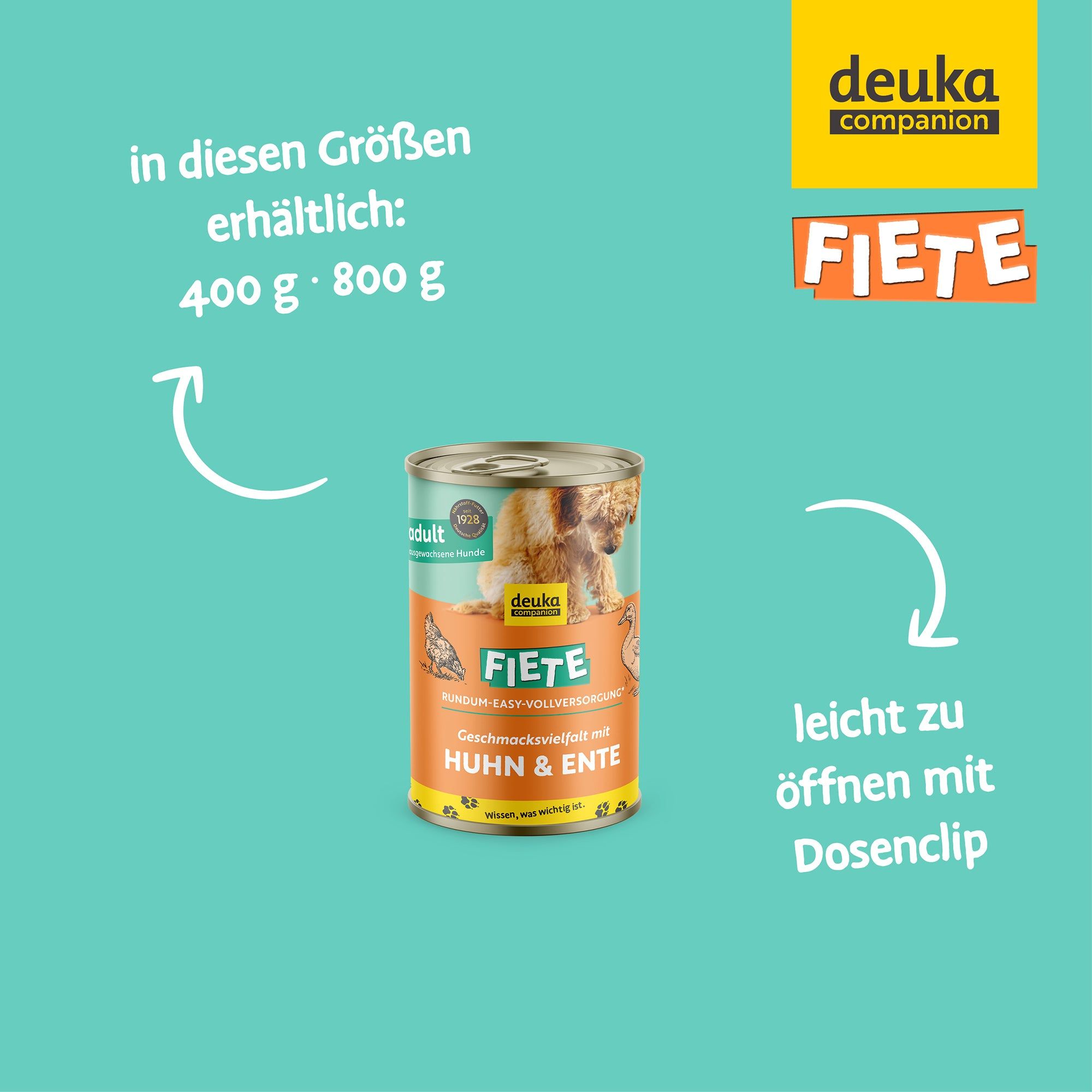 Eine Dose FIETE Hundefutter mit Huhn & Ente. Text: leicht zu öffnen mit Dosenclip. Größen: 400 g, 800 g.