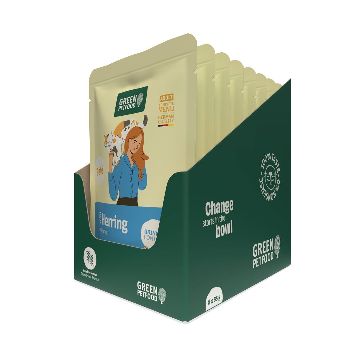 Green Petfood Katzennahrung Paté mit Hering in einer 8er-Packung.