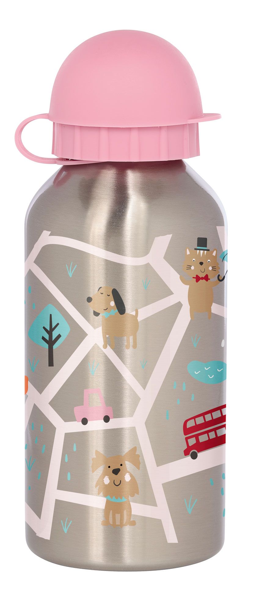 Edelstahl-Trinkflasche mit rosa Deckel. Motiv: Katze und Hunde auf Stadtkarte. Mit Trageschlaufe.