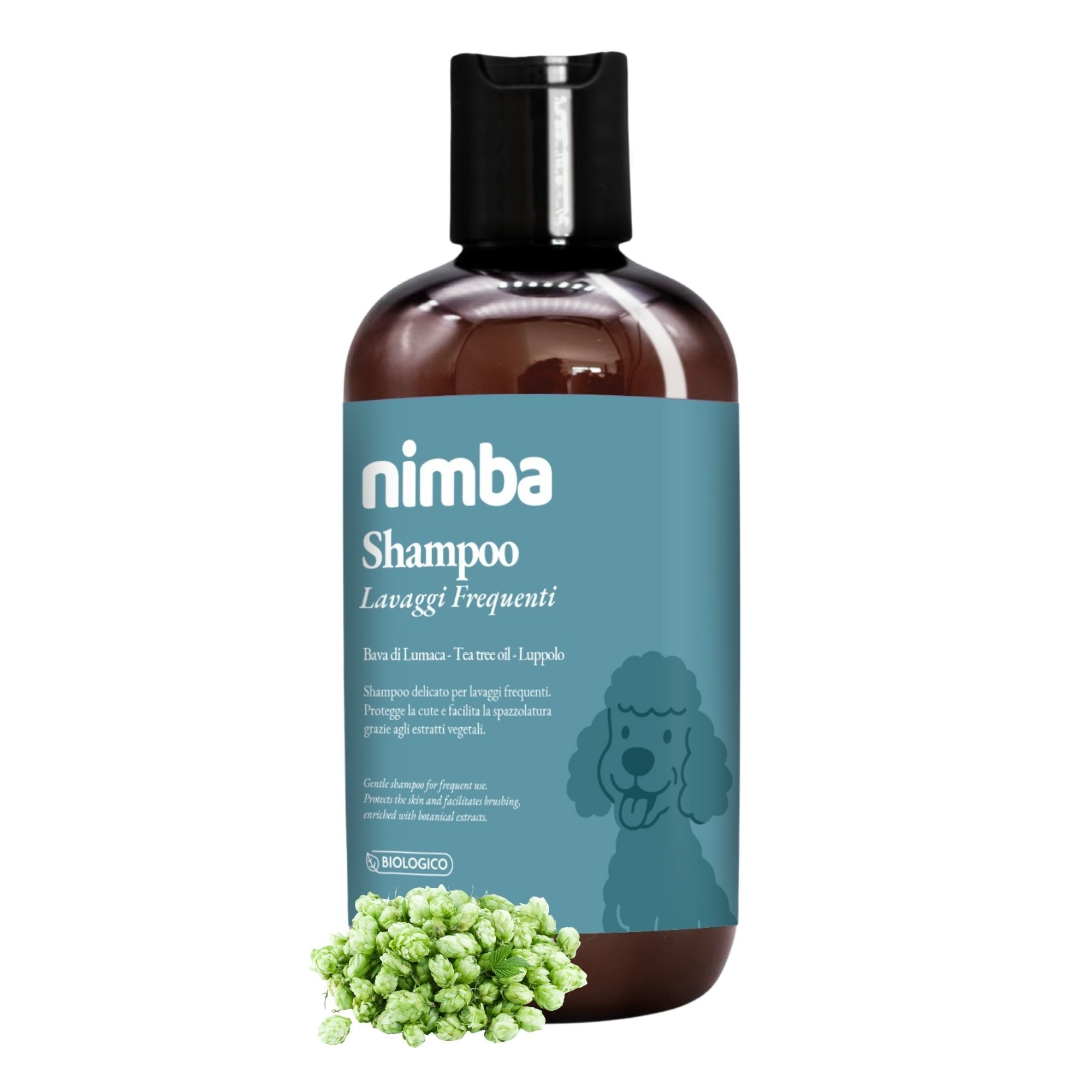 Braune Flasche mit schwarzem Deckel. Aufkleber mit Produktnamen, Illustration eines Hundes und grünen Pflanzen. Biologisch.