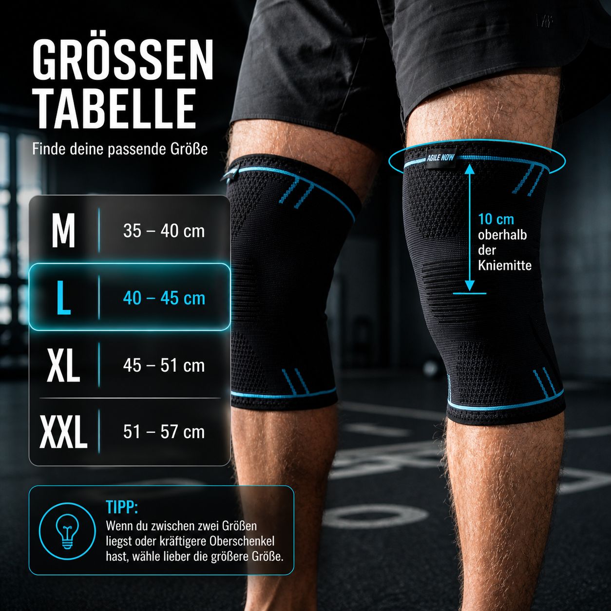Größentabelle für Kniebandagen. Größen M bis XXL. Messanleitung: 10 cm über der Knie Mitte.