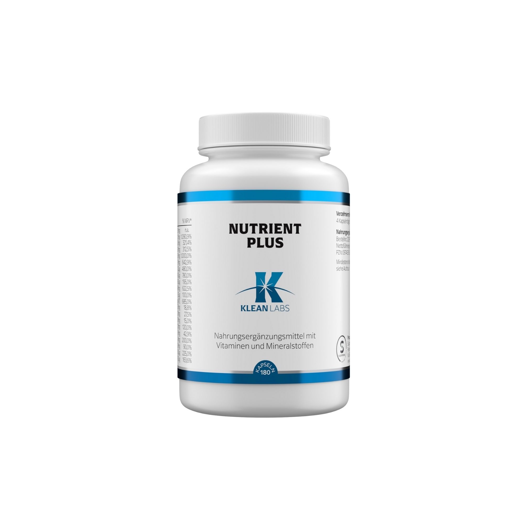 Weiße Flasche mit blauem Streifen. Aufschrift: Nutrient Plus, Klean Labs. Nahrungsergänzungsmittel mit Vitaminen.