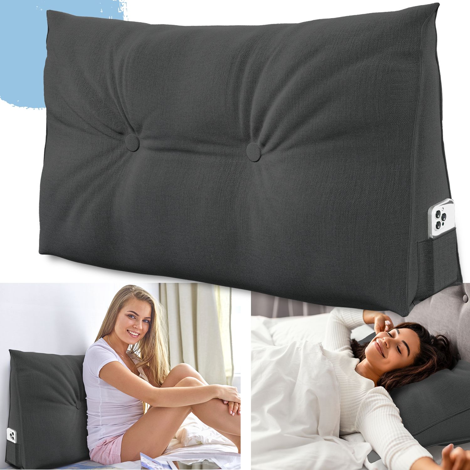 Graues Stützkissen mit Smartphone-Tasche. Zwei Frauen nutzen das Kissen. Kissen auf Bett und Sofa.