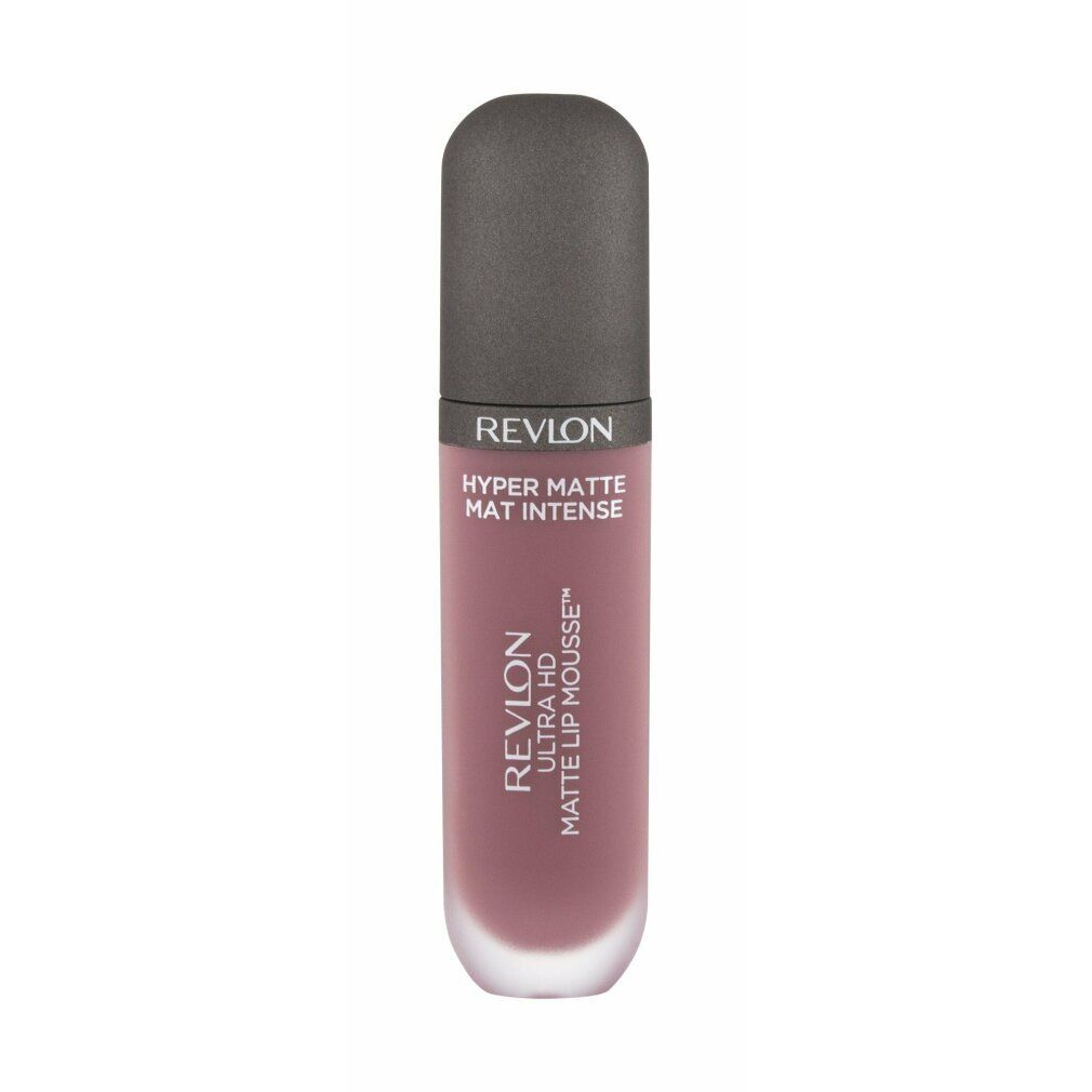 Revlon Ultra HD Matte Lip Mousse. Flasche mit dunkelgrauem Deckel. Text: Hyper Matte, Mat Intense. Farbe: Rosa-Braun.