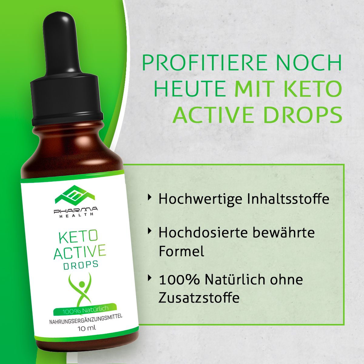 Braune Flasche mit schwarzem Tropfer. Text: "Keto Active Drops", "Profitiere noch heute mit..." und Aufzählung von Vorteilen.