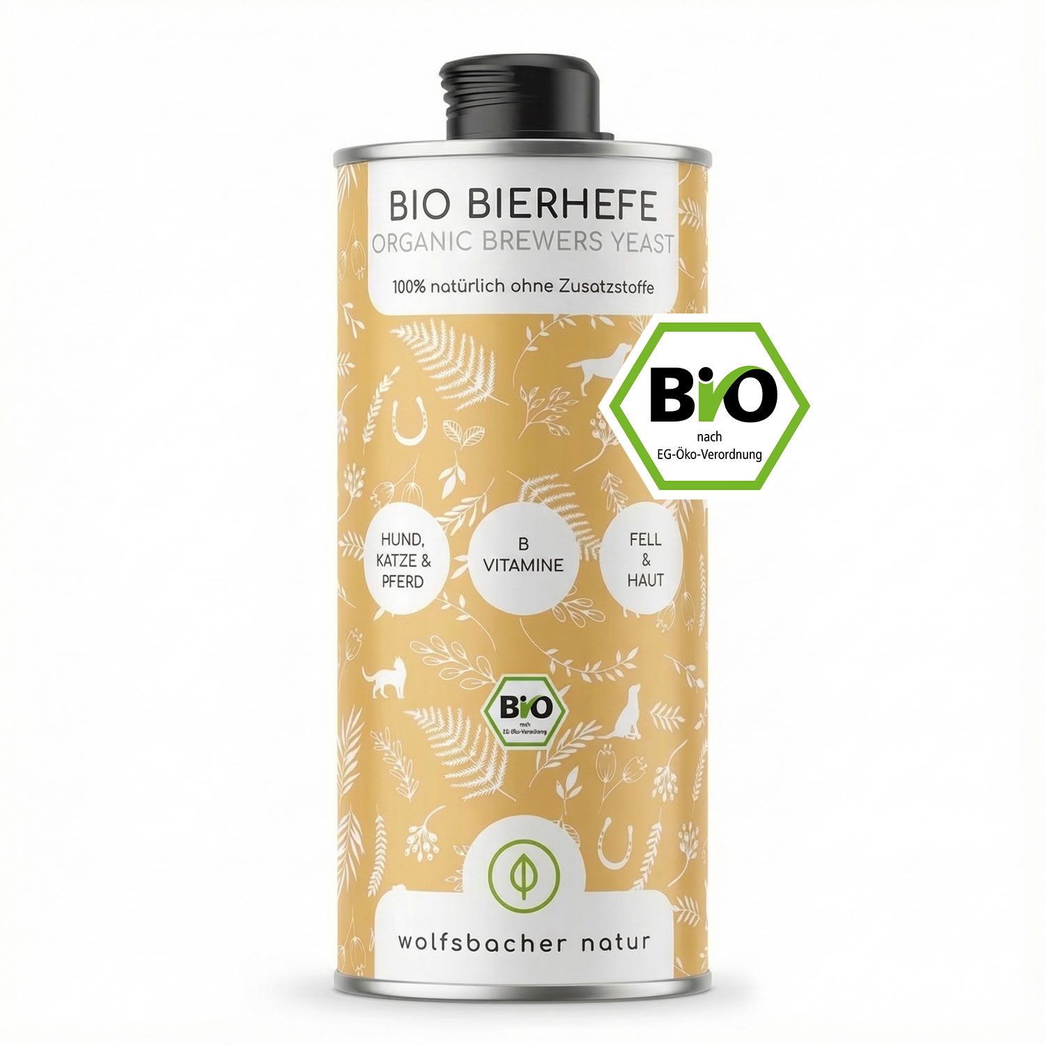Zylindrische Dose mit schwarzem Deckel. Aufschrift: BIO Bierhefe, Organic Brewers Yeast. Bio-Siegel. Aufdrucke für Hunde, Katzen, Pferde, B-Vitamine.