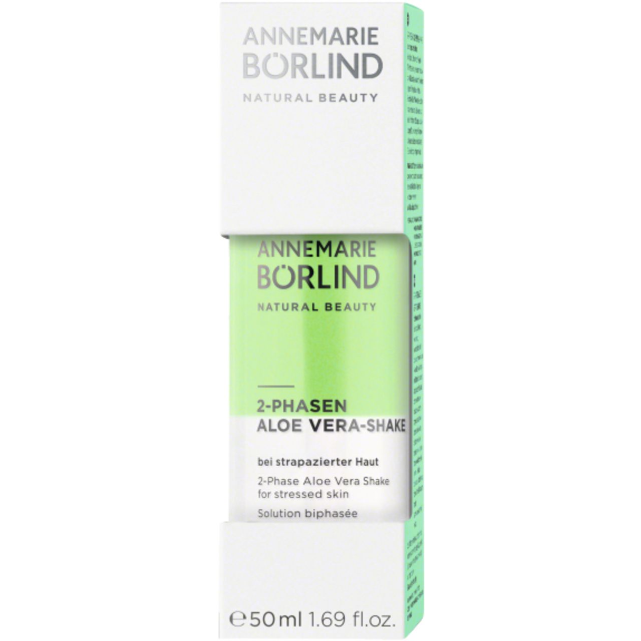 ANNEMARIE BÖRLIND 2-Phasen Aloe Vera-Shake. Produktverpackung, weiß mit grünem Etikett. Text: 2-Phasen Aloe Vera-Shake.