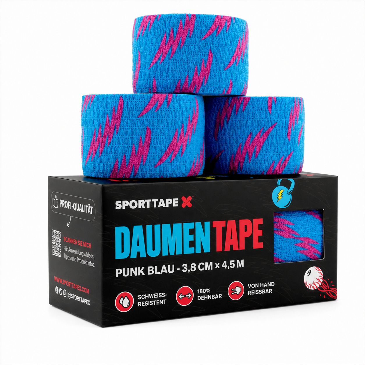 Verpackung mit drei Rollen blauem Daumentape mit pinken Blitzen.