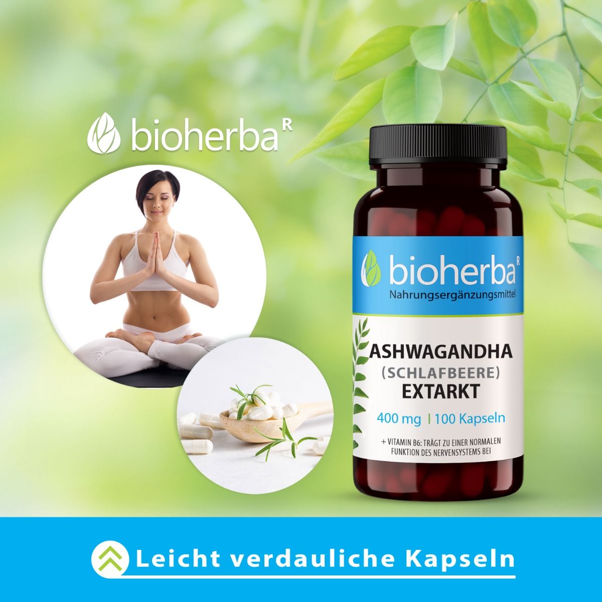 Braune Glasflasche mit Kapseln. Aufschrift: Ashwagandha Extrakt, 400 mg, 100 Kapseln. Frau in Yoga-Pose. Löffel mit Kapseln.
