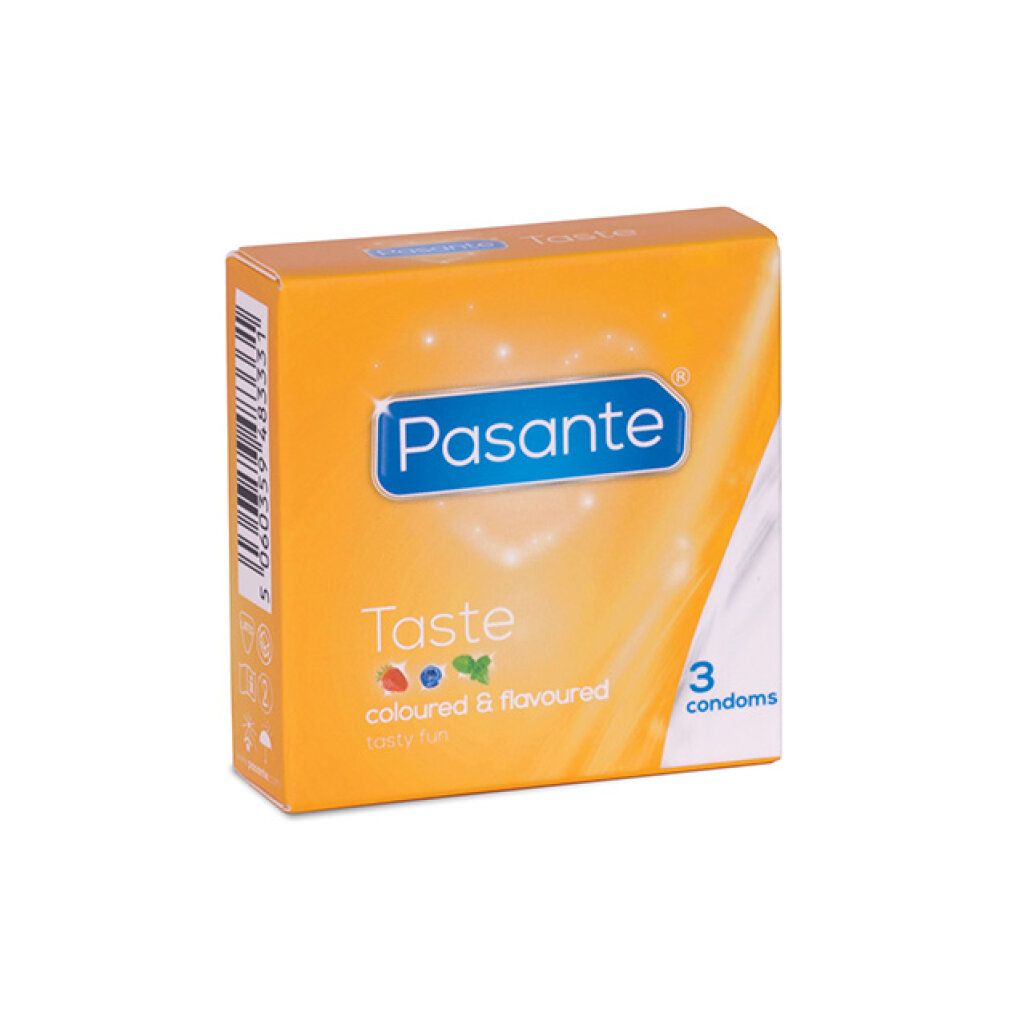 Gelbe Pasante Taste-Verpackung mit 3 Kondomen. Text: coloured & flavoured tasty fun.
