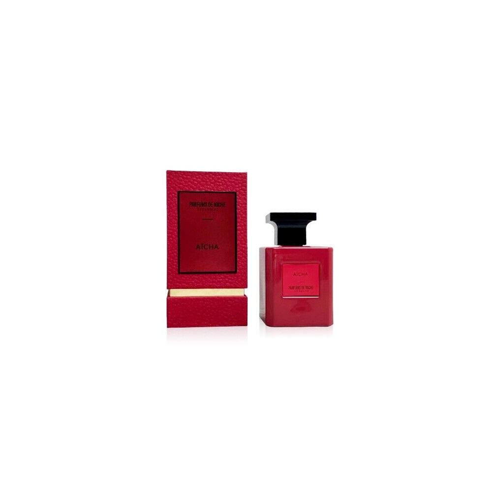 Rote Flasche Eau de Parfum Aïcha und rote Verpackung. Rechteckige Form. Schwarzer Verschluss. Aufschrift Aïcha und Parfums de Niche.