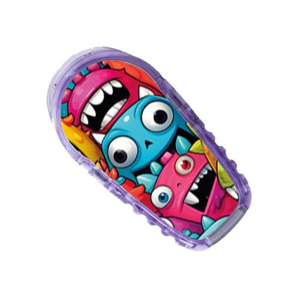 Gerät mit Monster-Design. Lila Umrandung, Monster-Motive in verschiedenen Farben.