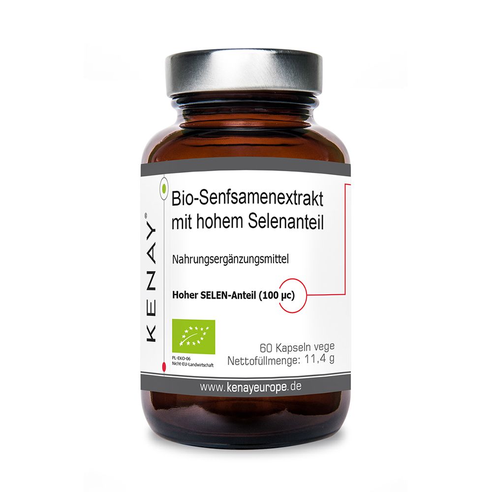 Braune Glasflasche mit Kapseln. Etikett: Bio-Senfsamenextrakt mit hohem Selenanteil. KENAY-Logo. 60 Kapseln. Bio-Siegel.