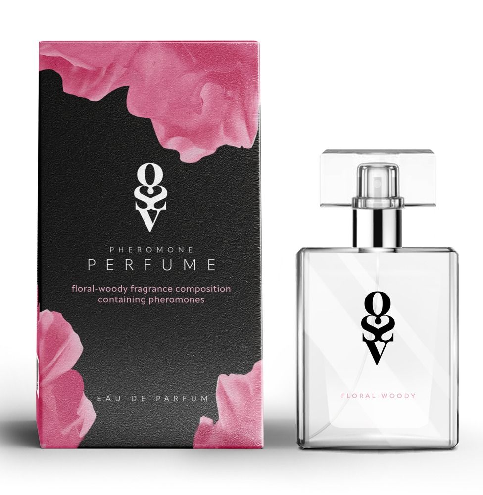 Parfümflakon und Schachtel. Flakon quadratisch, transparent. Schachtel schwarz mit rosa Blüten. Text: Pheromone Perfume, Floral-Woody.