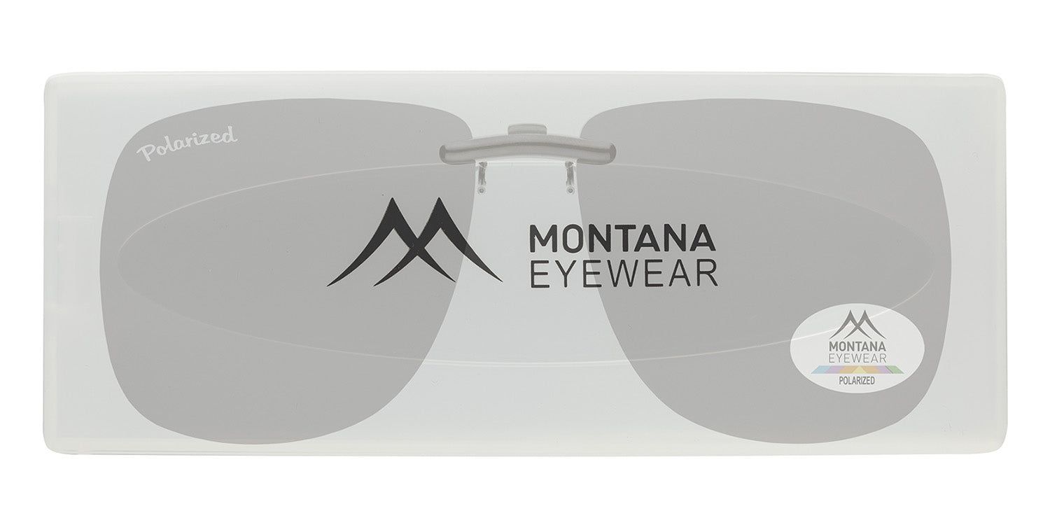 Clip-on-Sonnenbrille in transparenter Hülle. Logo: Montana Eyewear. Text: Polarized. Aufkleber: Montana Eyewear, Polarized.