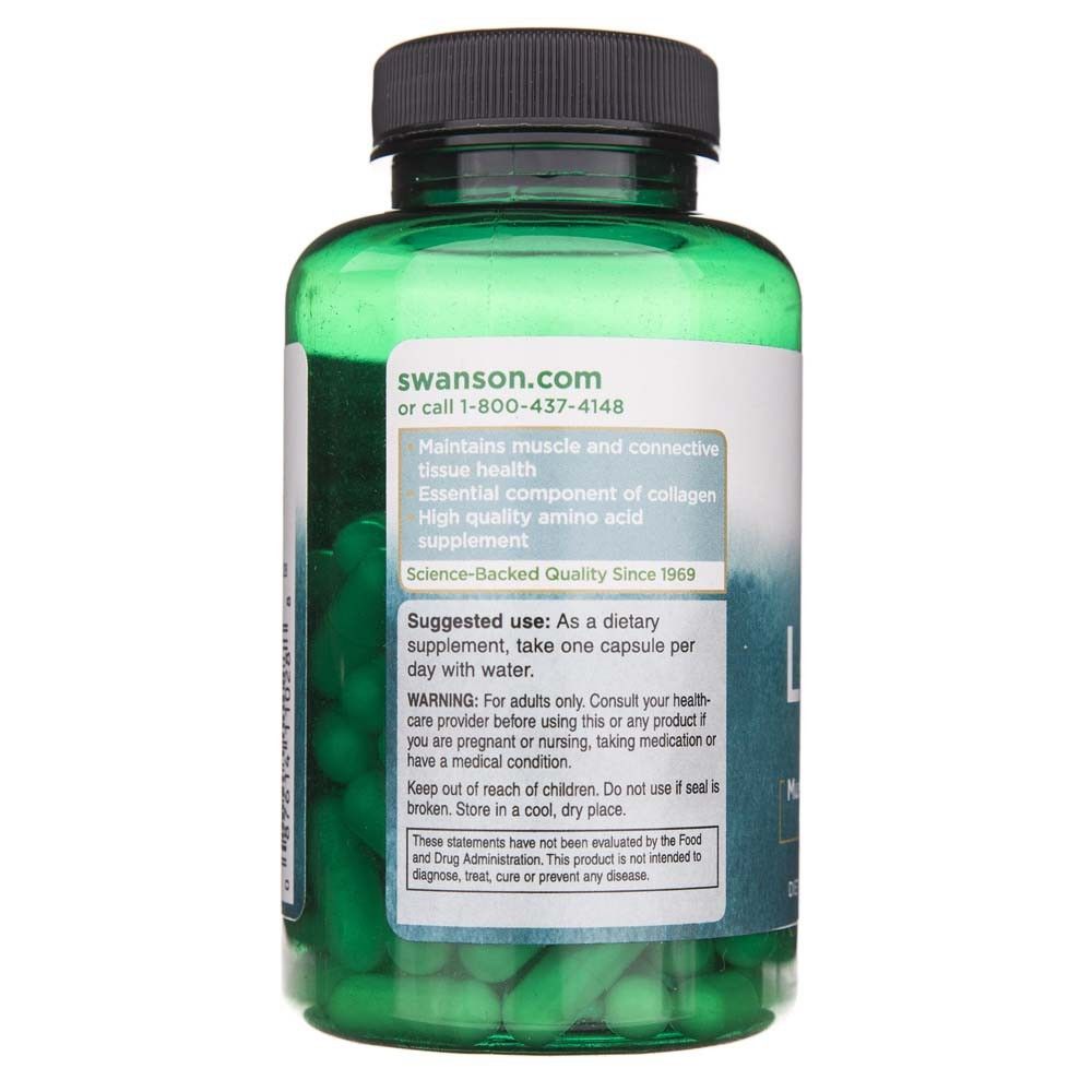 Rückseite einer grünen Flasche mit L-Prolin-Kapseln, Produktinformationen und Anwendungshinweisen.