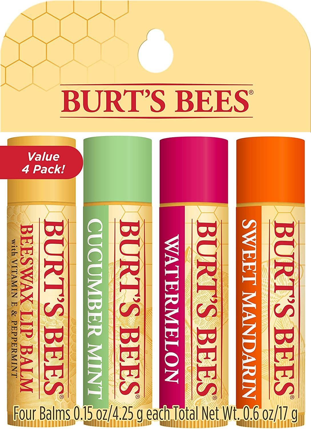 Vier Lippenbalsam-Stifte in einer Packung. Verschiedene Geschmacksrichtungen: Bienenwachs, Gurke-Minze, Wassermelone, süße Mandarine.