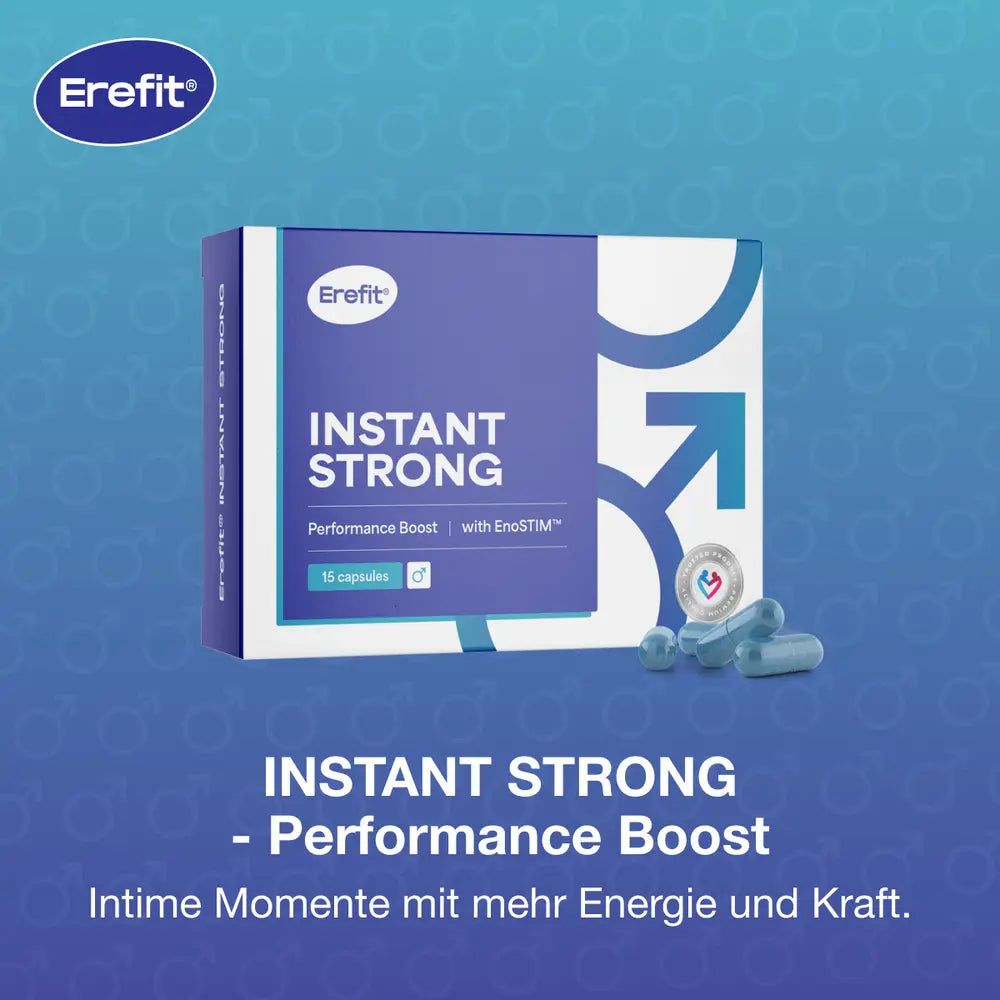 Produktverpackung mit Aufschrift INSTANT STRONG - Performance Boost. 15 Kapseln. Männliches Symbol. Produktname: Erefit.