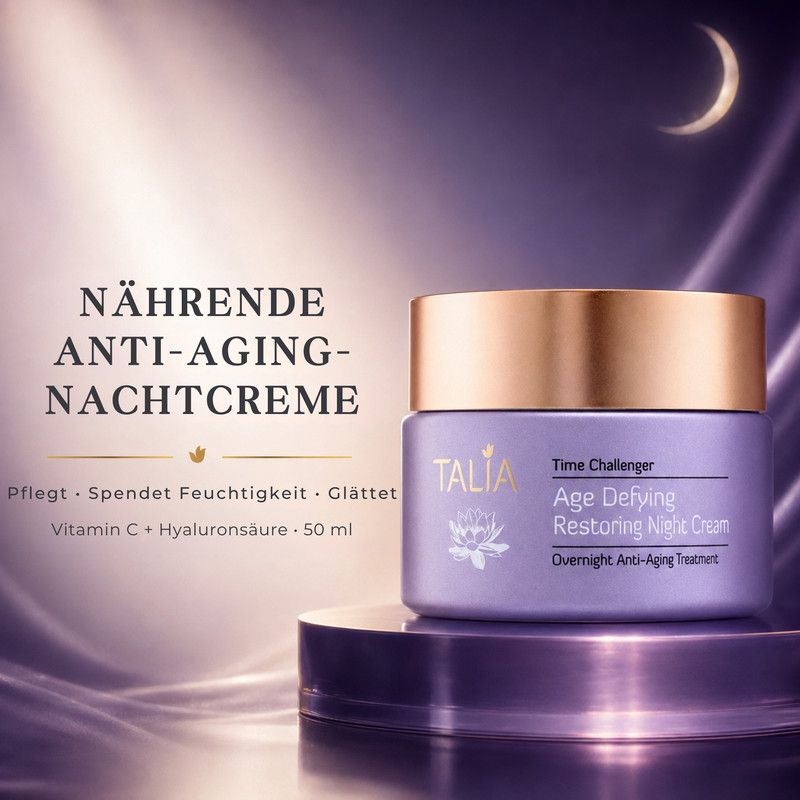 Talia Age Defying Nachtcreme in einem lila Tiegel mit goldenem Deckel.