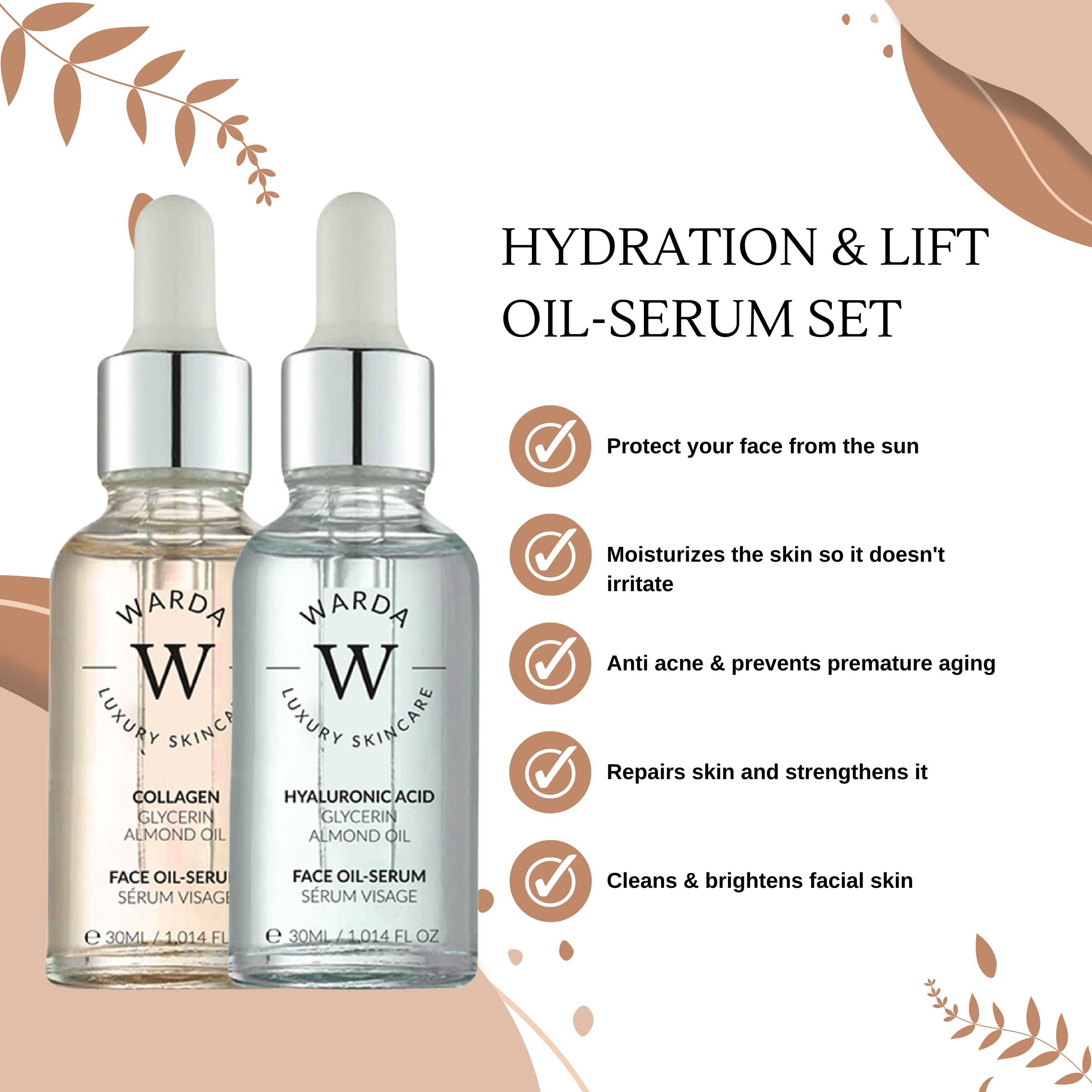 Zwei Flaschen Warda Gesichtsserum. Eine Flasche enthält Collagen, Glycerin und Mandelöl. Die andere enthält Hyaluronsäure, Glycerin und Mandelöl. Text: Hydratation & Lift Oil-Serum Set.