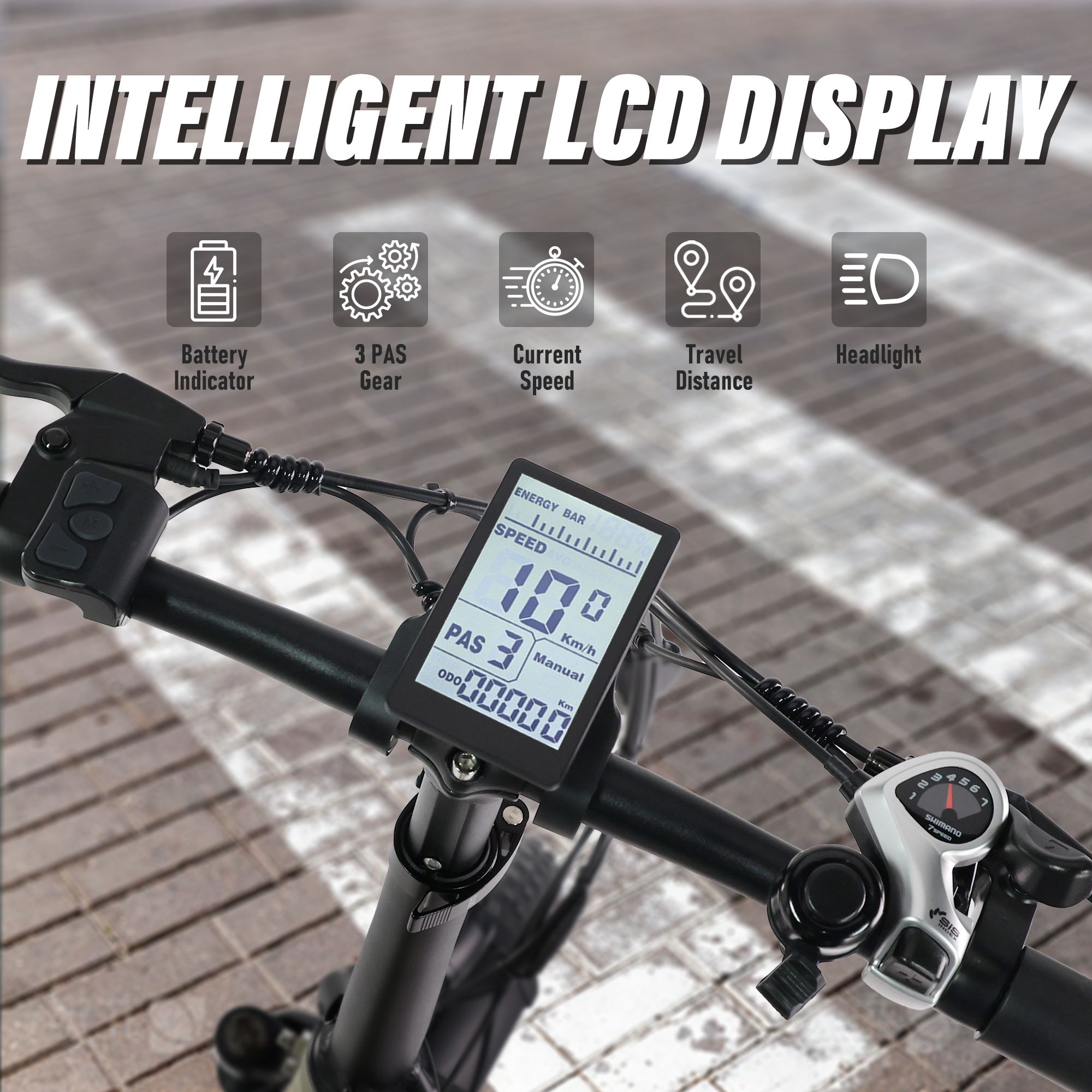 E-Bike-Lenker mit intelligentem LCD-Display. Anzeige von Geschwindigkeit, PAS-Modus, Batterieanzeige, Reisestrecke und Scheinwerfer.