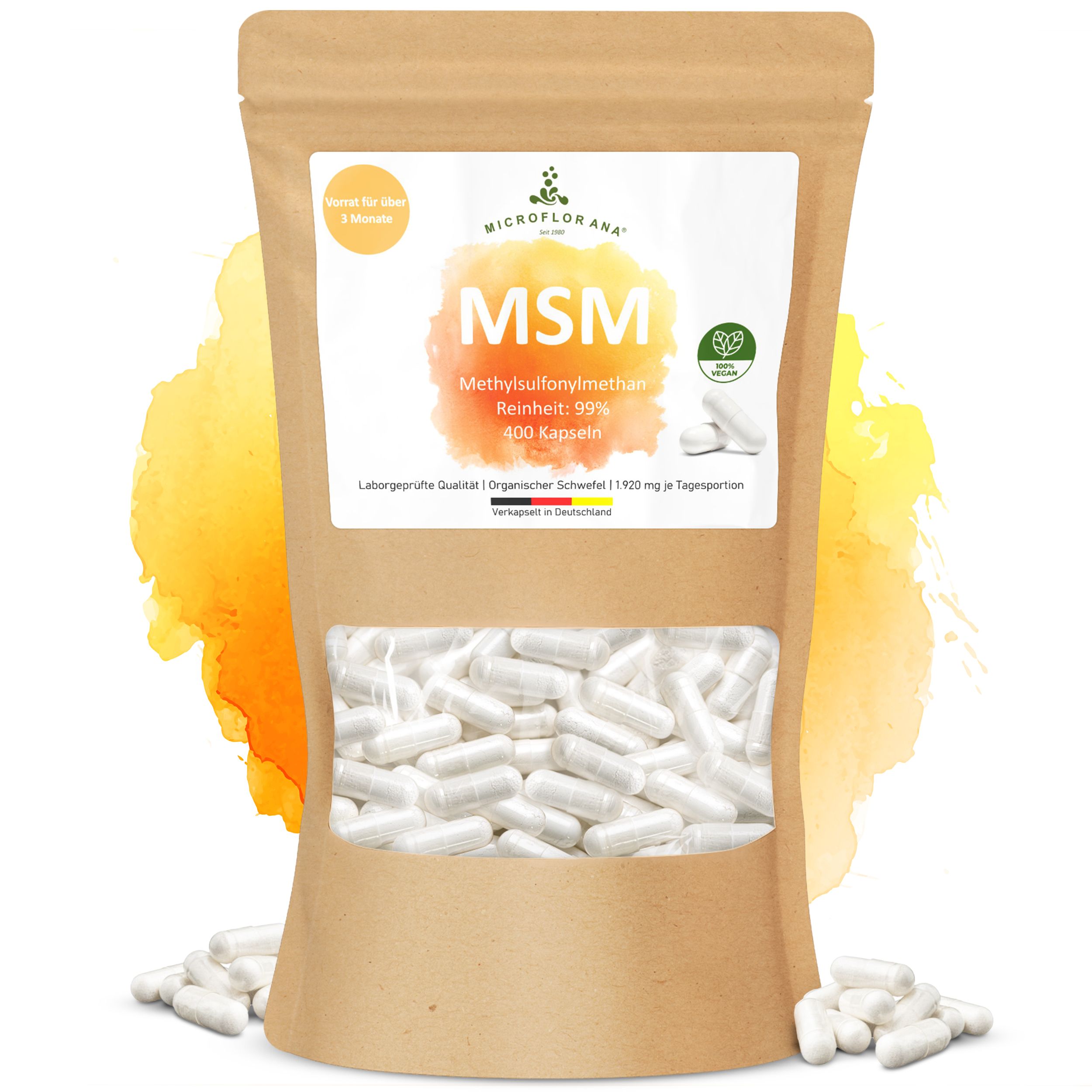 Beutel mit MSM Kapseln. Sichtbares Produkt durch Fenster. Aufschrift: MSM, Methylsulfonylmethan, Reinheit 99%, 100 Kapseln.