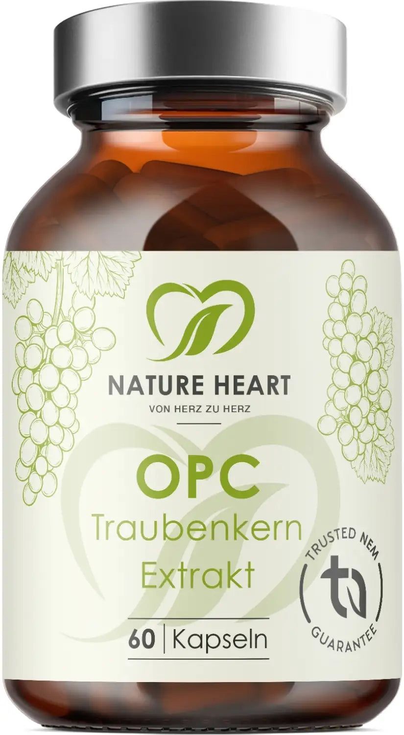 Braune Glasflasche mit silbernem Deckel. Aufschrift: OPC Traubenkern Extrakt, 60 Kapseln. Logo: Nature Heart.