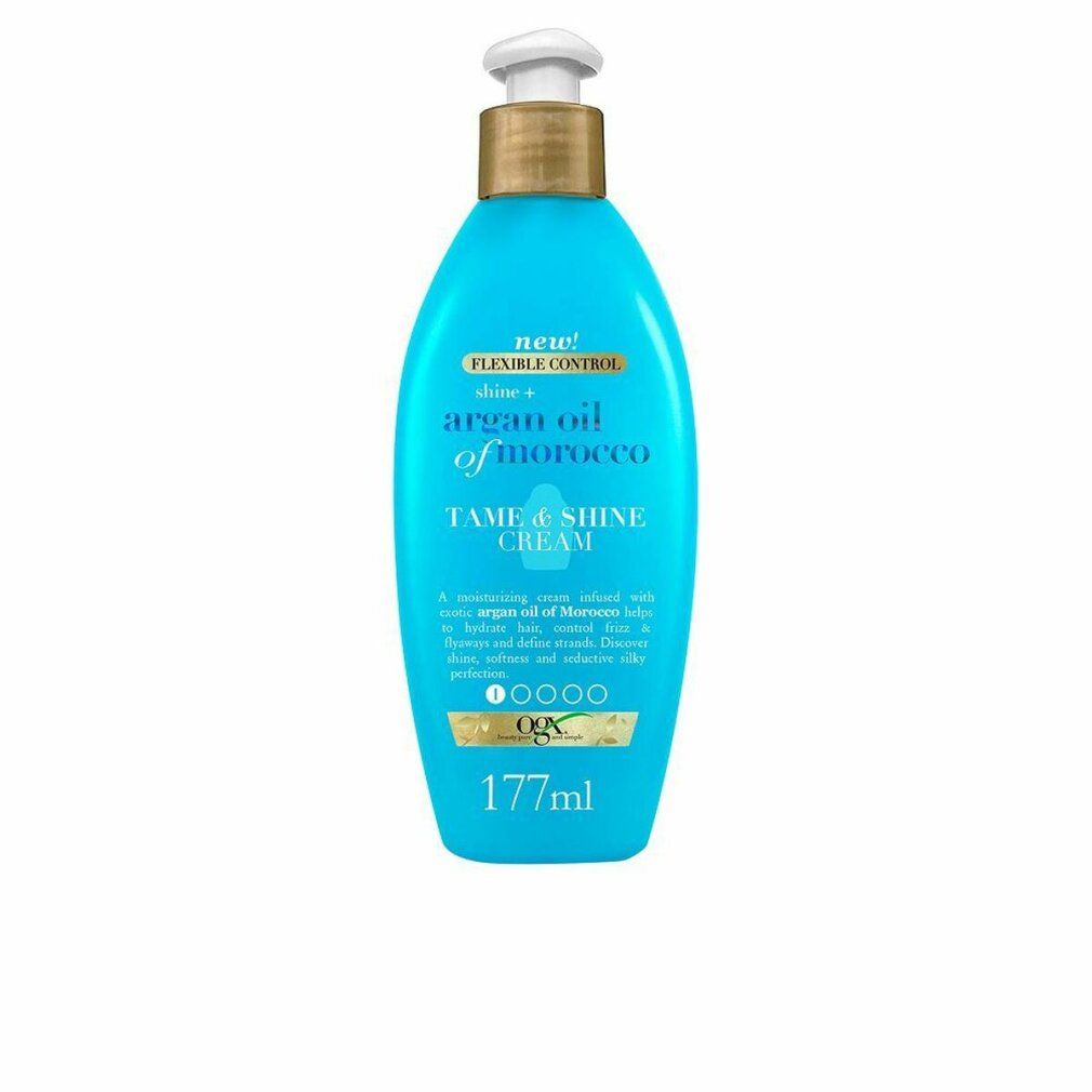 Türkisblaue Flasche mit Dosierpumpe. Aufschrift: Argan Oil of Morocco Tame & Shine Cream. 177ml.