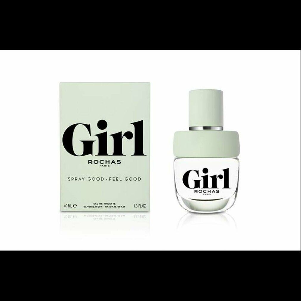 Flakon und Verpackung. Flakon mit hellgrünem Verschluss. Verpackung mit "Girl" und "Rochas".