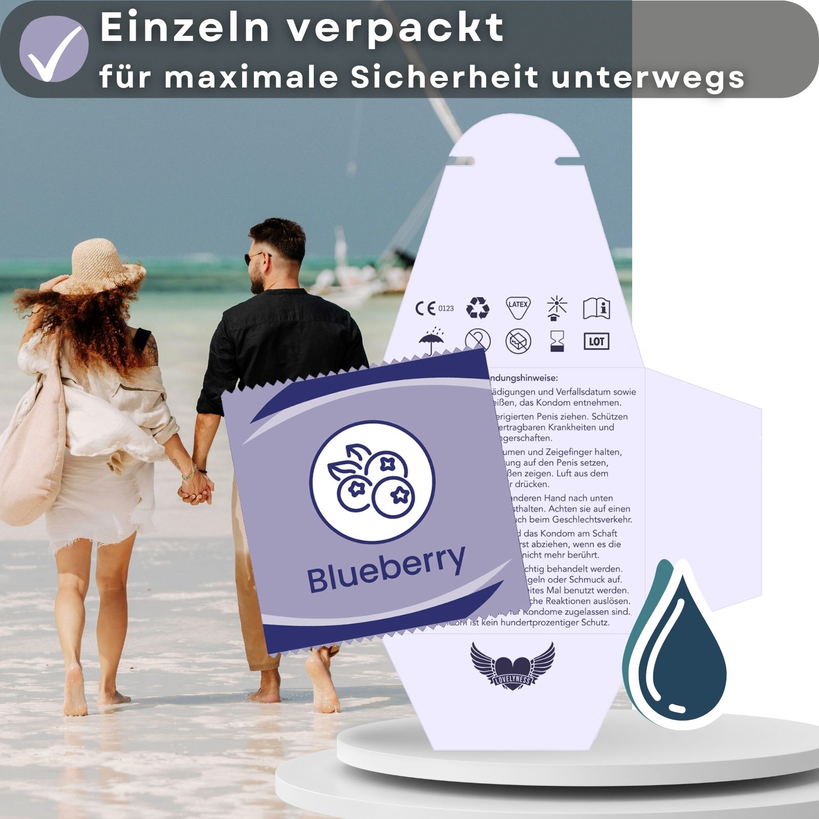 Einzeln verpackte Kondome. Für maximale Sicherheit unterwegs. Blaubeere-Geschmack.