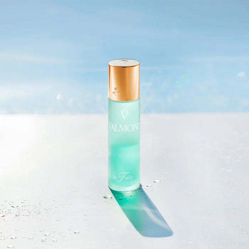 Flüssigkeit in einer Flasche mit goldenem Deckel. Marke VALMONT, Produktname Bi-Falls.