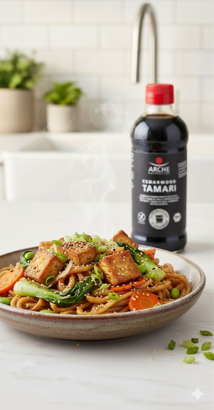 Arche Bio Tamari Cedarwood Flasche neben einer Schüssel Nudeln mit Tofu und Gemüse.