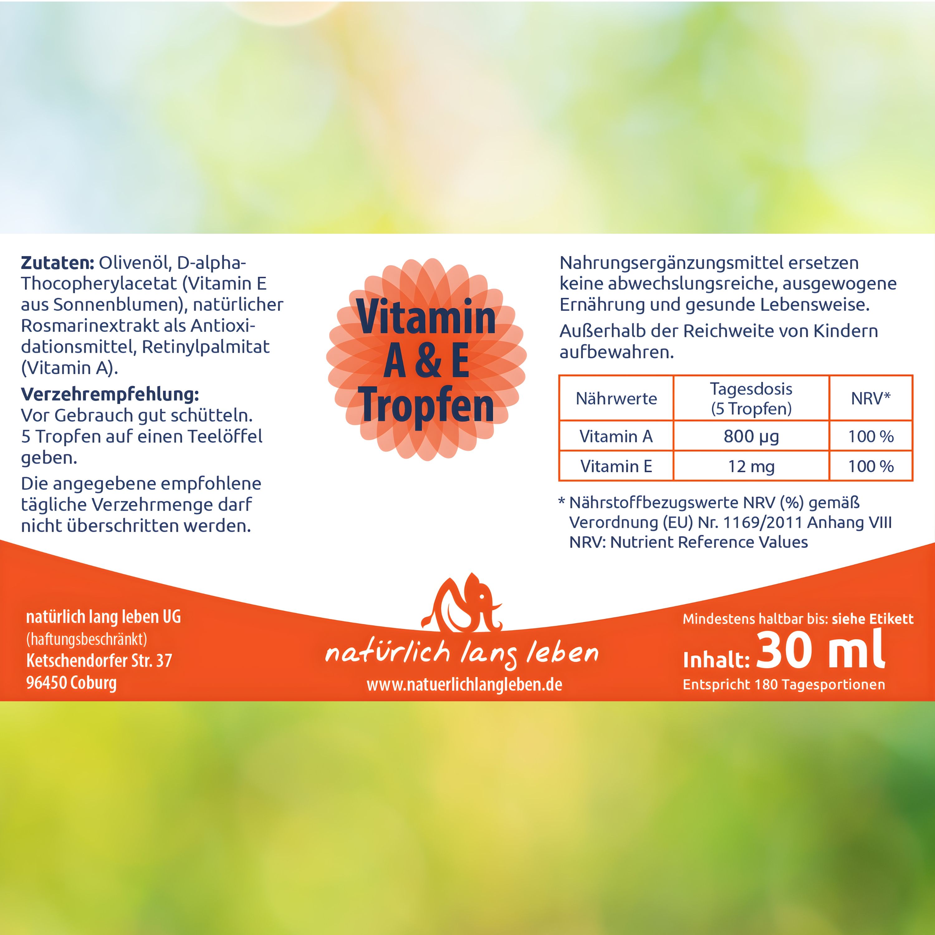 Etikett mit Produktinformationen. Enthält Angaben zu Inhaltsstoffen, Verzehrempfehlung und Nährwerten. Produktname: Vitamin A & E Tropfen.