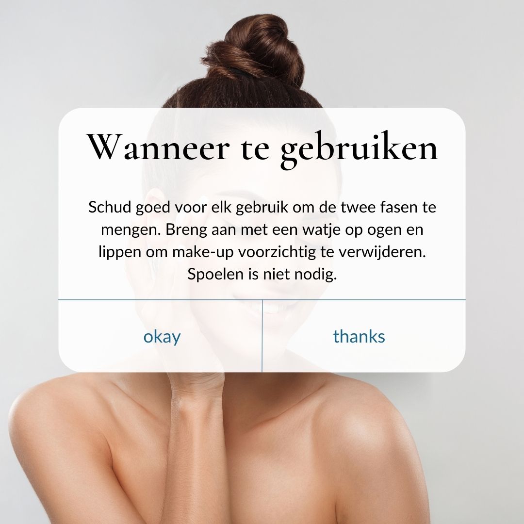 Tekst op witte achtergrond. Tekst: Wanneer te gebruiken. Goed schudden. Aanbrengen met watje. Niet afspoelen.