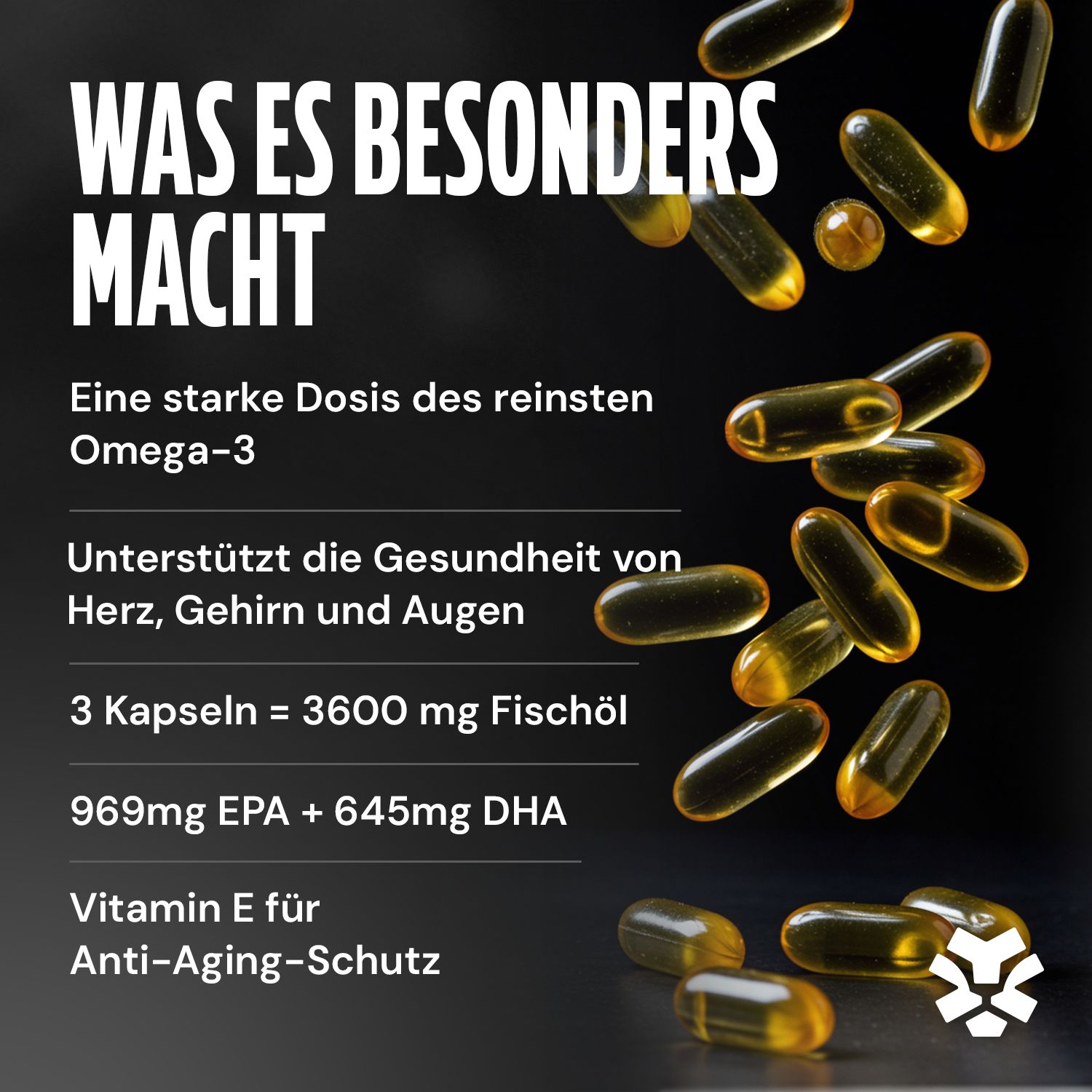 Kapseln mit Omega-3-Öl. Text: Starke Dosis, unterstützt Herz, Gehirn, Augen. 3 Kapseln = 3600 mg Fischöl, EPA, DHA, Vitamin E.
