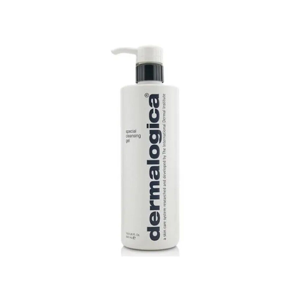 Weiße Pumpflasche mit Dermalogica Spezial-Reinigungsgel. Vertikaler Schriftzug.